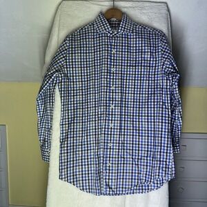 Peter Millar Shirt M Blue Brown Plaid Button Pocket Golf‎ Gingham Spring Easter